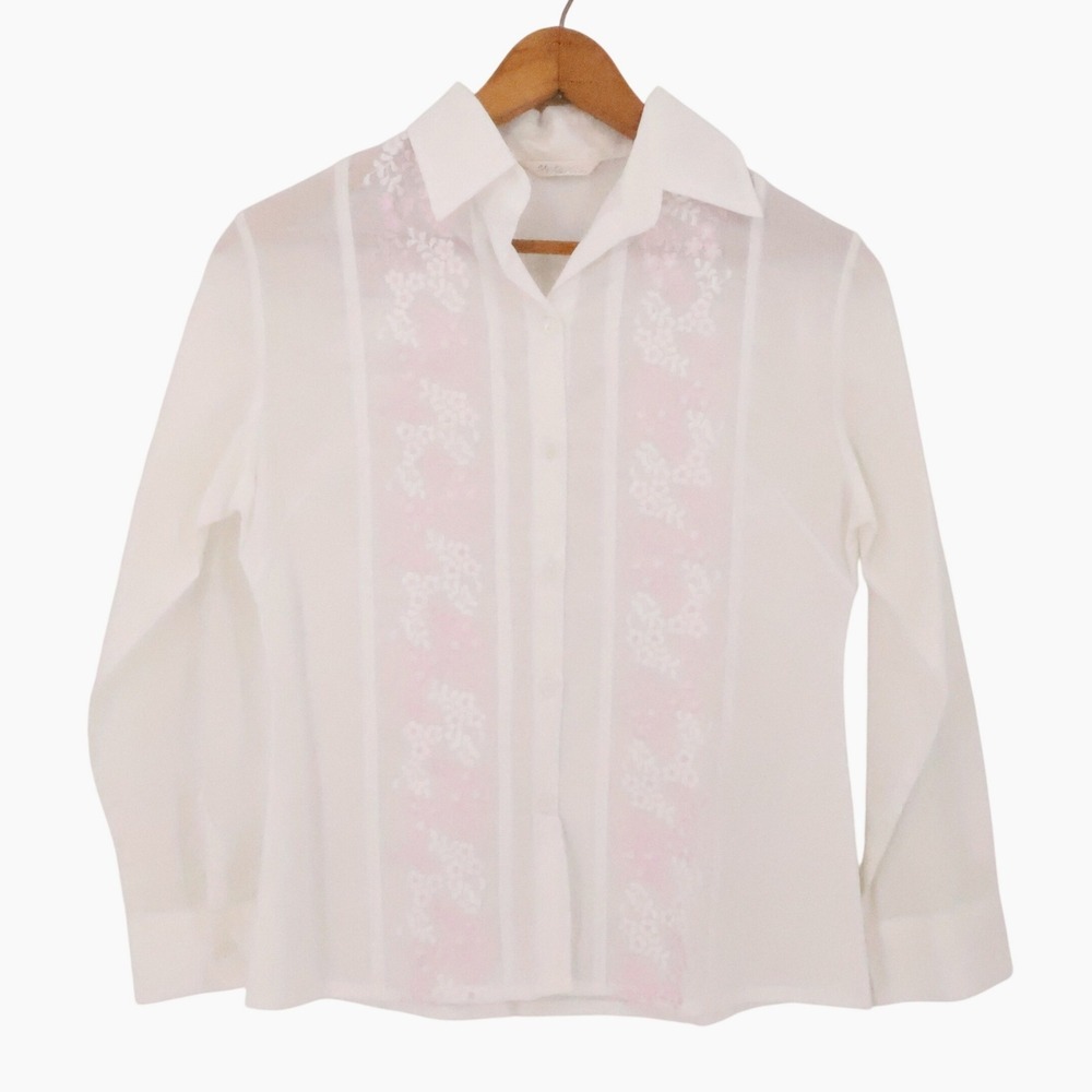 Vintage 70s 80s Floral Embroidered Sheer Blouse Womens Size XL White Pink Dainty